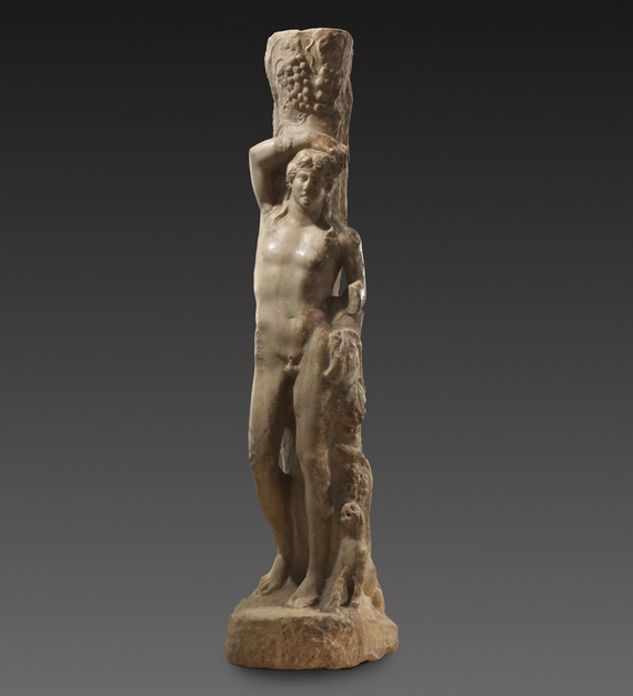 Statue du dieu Dionysos appuyé contre une vigne avec une panthère